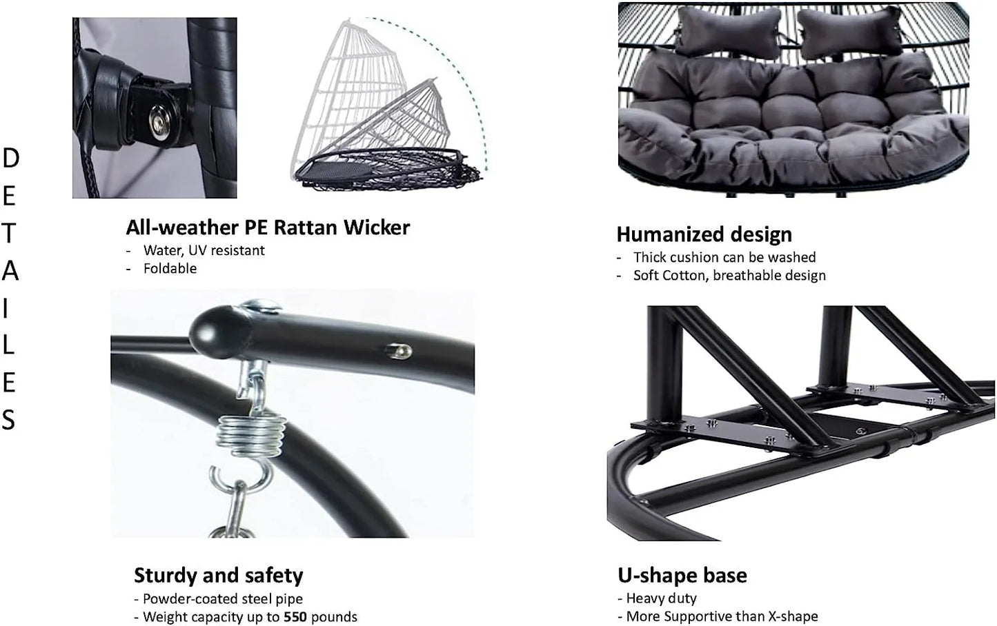 Hanging Egg Chair with Stand, 2 Person Heavy Duty Hanging Wicker Rattan Swing Chair Basket Hammock Nest Chair Seat for Indoor Outdoor Patio Lounger Swinging Loveseat (Beige)