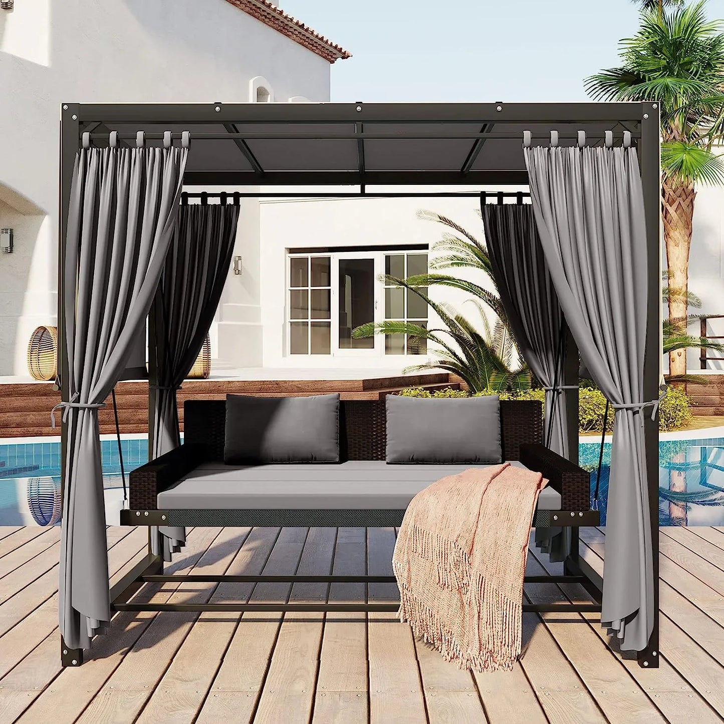 Merax 3-Seat Patio Swing Bed,Outdoor Porch Chair with Adjustable Canopy and Durable Steel Frame for Patio, Garden, Poolside Dark Grey