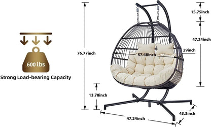 Hanging Egg Chair with Stand, 2 Person Heavy Duty Hanging Wicker Rattan Swing Chair Basket Hammock Nest Chair Seat for Indoor Outdoor Patio Lounger Swinging Loveseat (Beige)