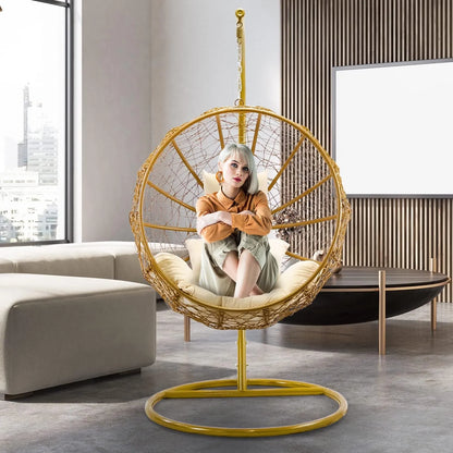 J.M.Deco Porch Swing Chair with Stand, Cushion & Pillow, Goldden Egg Rattan Wicker Swing Hanging Chair, Hammock Chair for Indoor, Outdoor, Garden, Backyard & Patio