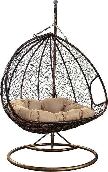 J.M.Deco Porch Swing Chair with Stand, Cushion & Pillow, Goldden Egg Rattan Wicker Swing Hanging Chair, Hammock Chair for Indoor, Outdoor, Garden, Backyard & Patio
