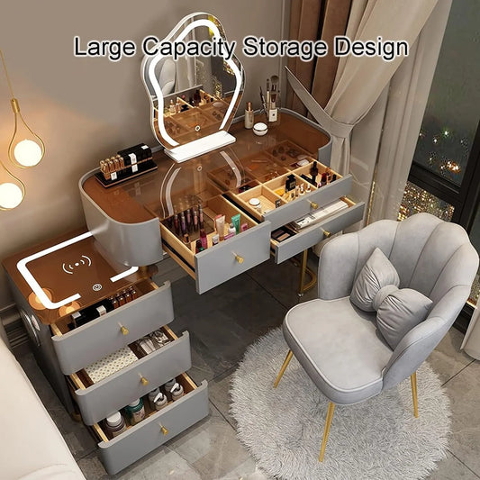 Make-up Set with Charging Station, Makeup Mirror, Large Dressing Table with 3-Colour Adjustable Touch Light, Bluetooth Speaker, Padded Stool for Women and Girls