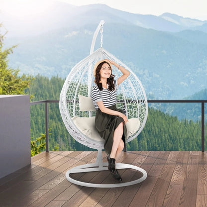 J.M.Deco Porch Swing Chair with Stand, Cushion & Pillow, Goldden Egg Rattan Wicker Swing Hanging Chair, Hammock Chair for Indoor, Outdoor, Garden, Backyard & Patio