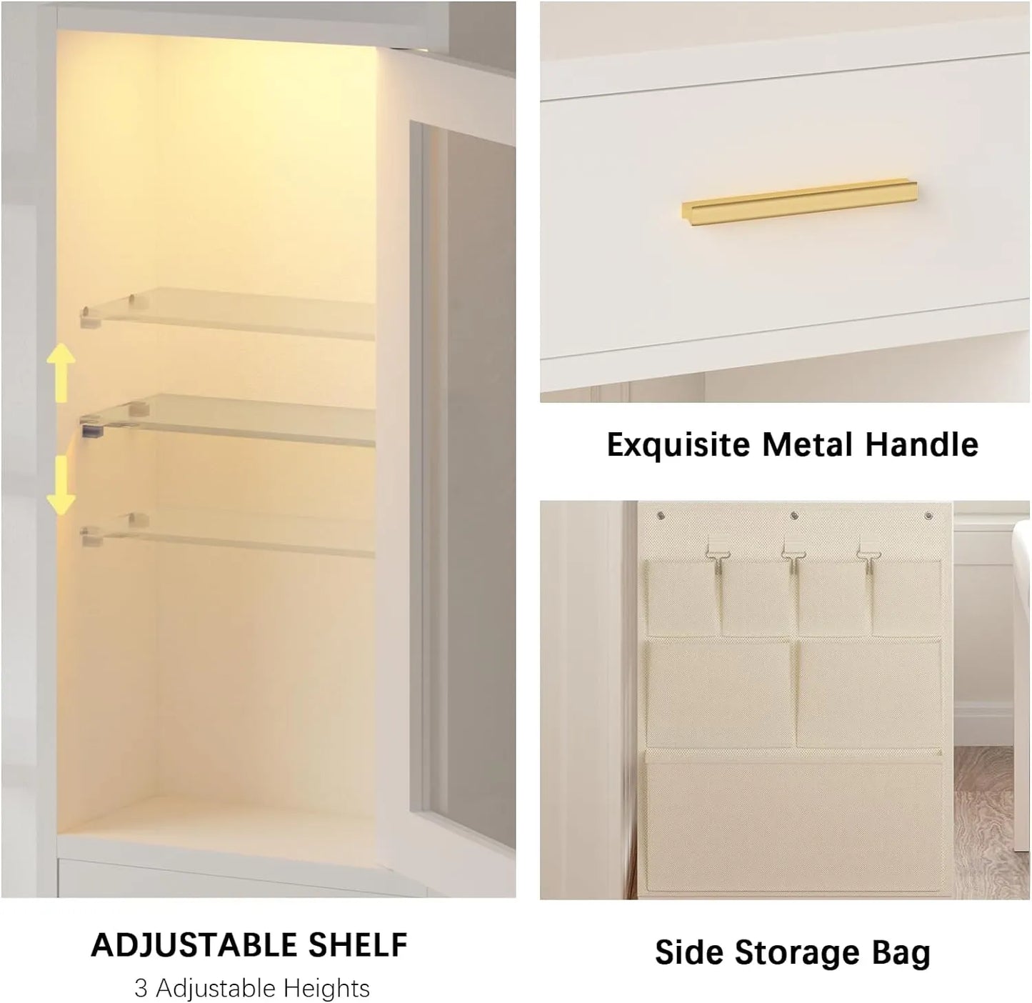 Makeup Vanity Desk with Mirror and Lights, White Vanity Table Set with Charging Station, LED Cabinet, 5 Drawers & Side Storage Bag, 3 Lighting Modes, Bedroom with Chair