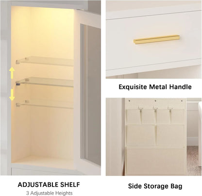 Makeup Vanity Desk with Mirror and Lights, White Vanity Table Set with Charging Station, LED Cabinet, 5 Drawers & Side Storage Bag, 3 Lighting Modes, Bedroom with Chair