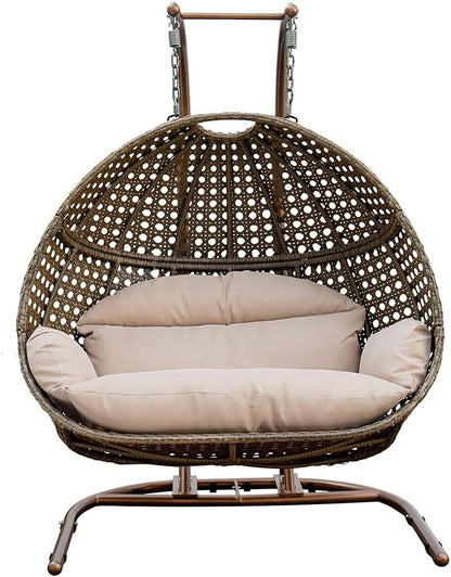 Hanging Egg Chair with Stand, 2 Person Heavy Duty Hanging Wicker Rattan Swing Chair Basket Hammock Nest Chair Seat for Indoor Outdoor Patio Lounger Swinging Loveseat (Beige)