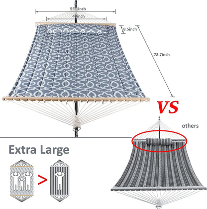 55 Inch Extra Large Double Hammock with Stand, 475lbs Capacity, Outdoor Portable Hammock with Hardwood Spreader Bar, Extra Large Pillow