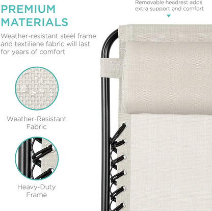 Set of 2 Adjustable Steel Mesh Zero Gravity Lounge Chair Recliners w/Pillows and Cup Holder Trays