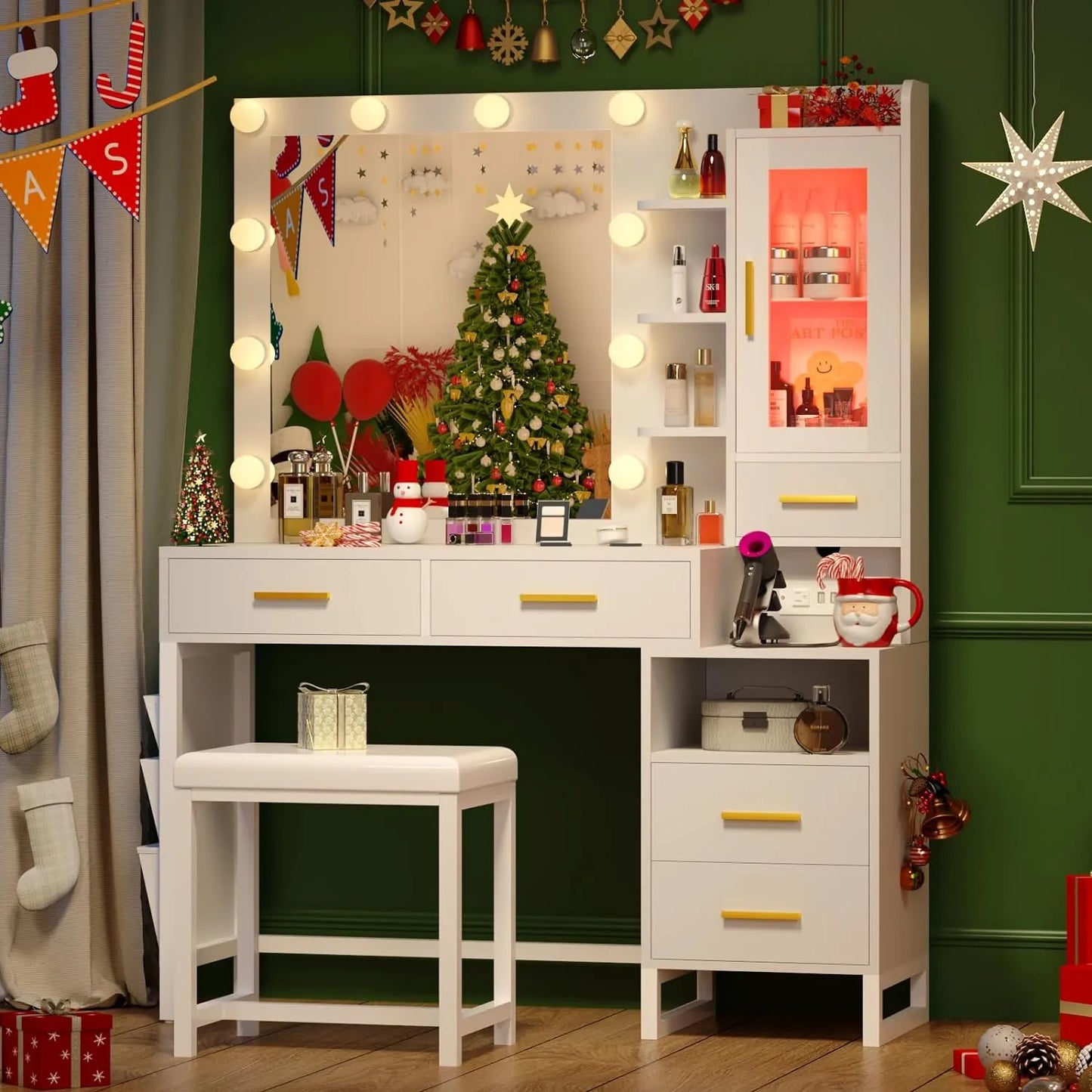 Makeup Vanity Desk with Mirror and Lights, White Vanity Table Set with Charging Station, LED Cabinet, 5 Drawers & Side Storage Bag, 3 Lighting Modes, Bedroom with Chair