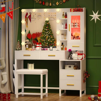 Makeup Vanity Desk with Mirror and Lights, White Vanity Table Set with Charging Station, LED Cabinet, 5 Drawers & Side Storage Bag, 3 Lighting Modes, Bedroom with Chair