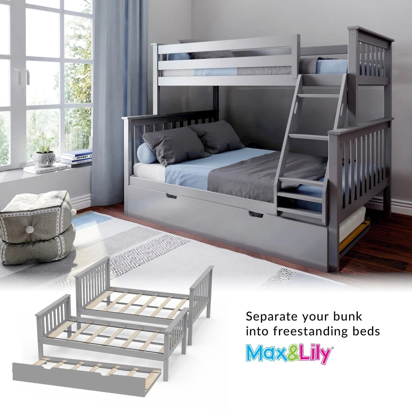 &#127876;Store Closing Sale&#128150;Kids Solid Wood Twin-Over-Full Bunk Bed + Trundle Bed