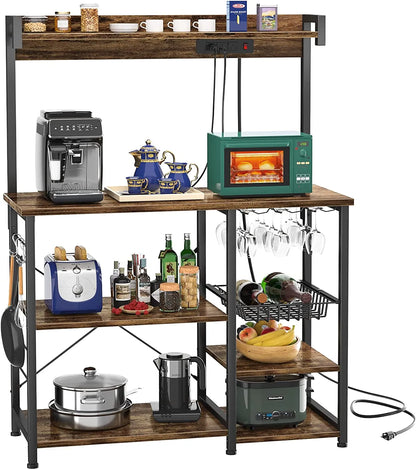 Bakers Rack with Power Outlet, Microwave Stand, Kitchen Storage Shelf with Wire Basket, Coffee Bar Station with Wine Glass Holder, 35.4" Kitchen Rack for Spices, Pots, and Pans