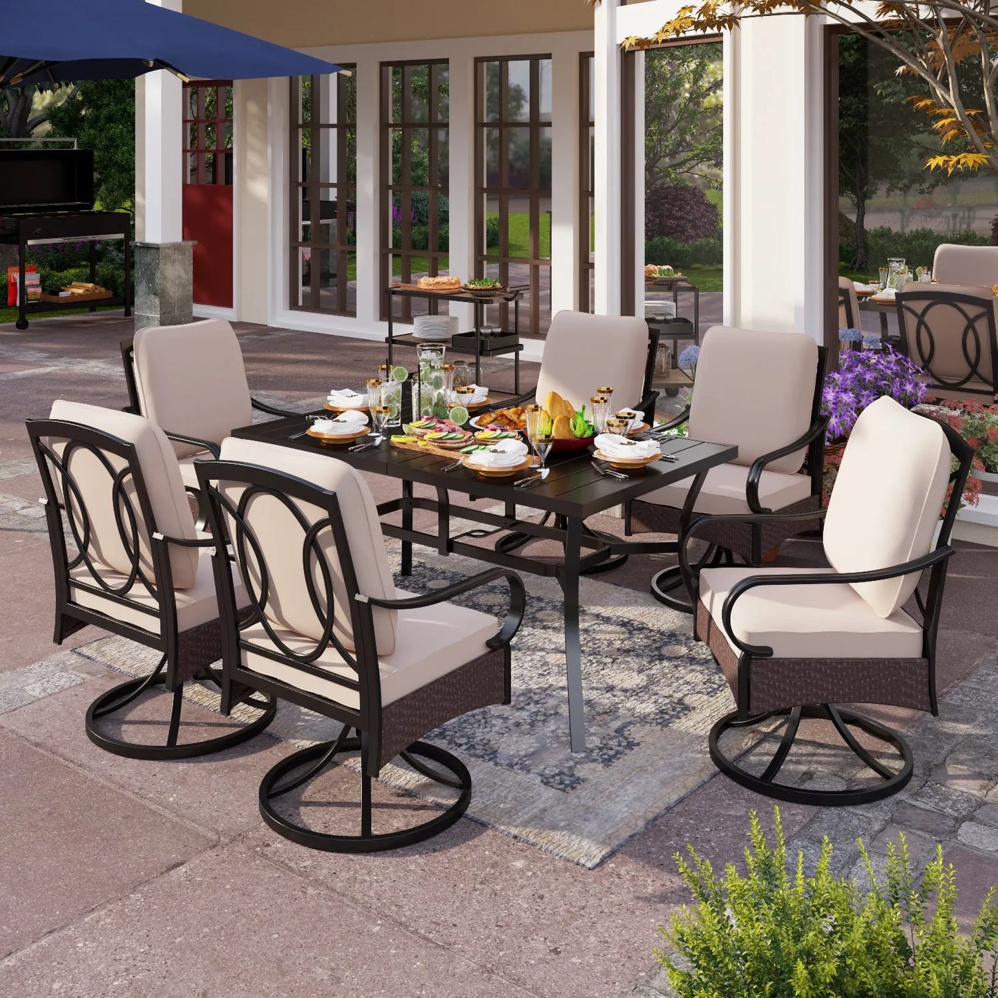 7-Piece Patio Dining Set With 6 Cushioned Steel & Rattan Chairs and Rectangle Table