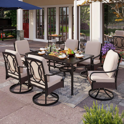 7-Piece Patio Dining Set With 6 Cushioned Steel & Rattan Chairs and Rectangle Table