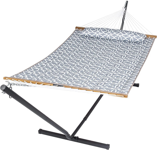 55 Inch Extra Large Double Hammock with Stand, 475lbs Capacity, Outdoor Portable Hammock with Hardwood Spreader Bar, Extra Large Pillow