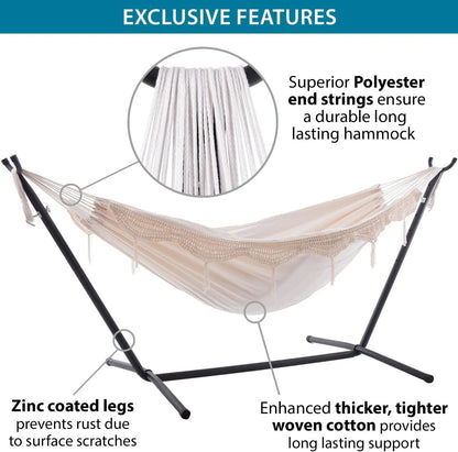 Double Cotton Hammock with Space Saving Steel Stand, Tropical (450 lb Capacity - Premium Carry Bag Included)