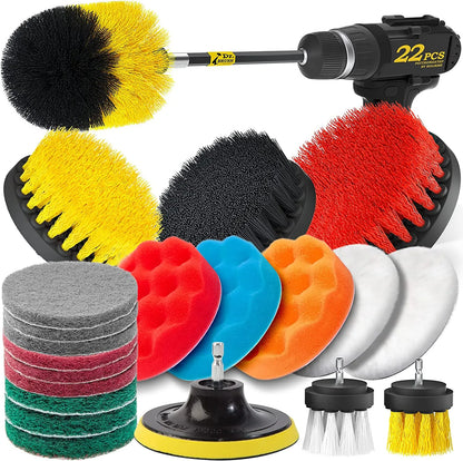 22Piece Drill Brush Attachments Set, Scrub Pads & Sponge, Buffing Pads, Power Scrubber Brush with Extend Long Attachment, Car Polishing Pad Kit
