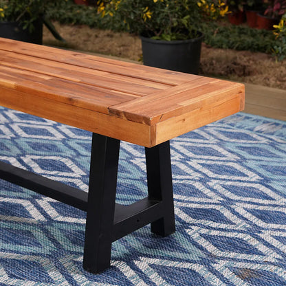 6 Piece Outdoor Dining Set with Acacia Wood Table & Wooden Bench and 4 Cushioned Rattan Wicker Chairs