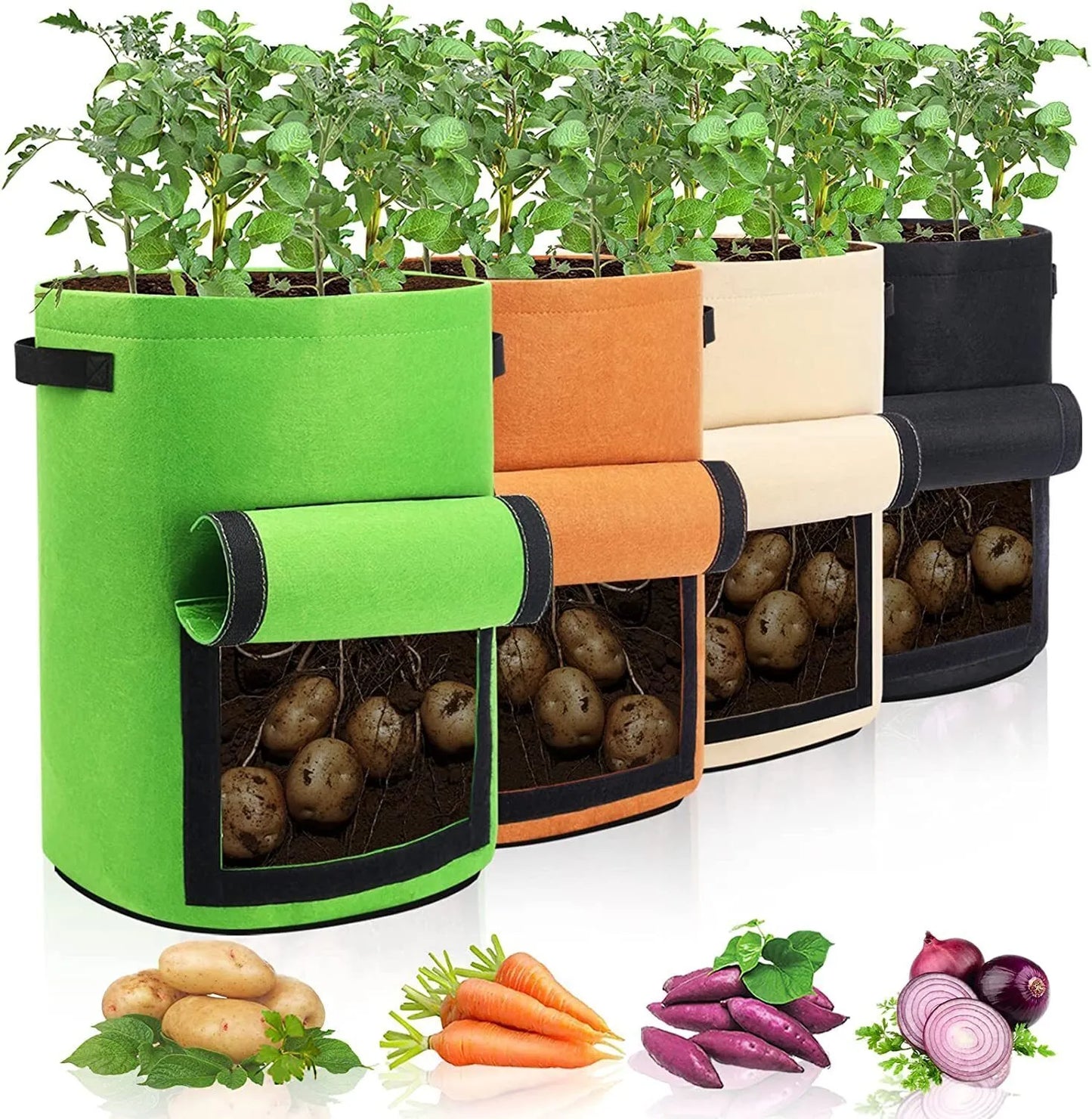 Homyhoo Potato Grow Bags with Flap 10 Gallon, 4 Pack Planter Pot with Handles and Harvest Window for Potato Tomato and Vegetables, Black and Gray