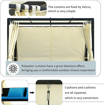 Merax 3-Seat Patio Swing Bed,Outdoor Porch Chair with Adjustable Canopy and Durable Steel Frame for Patio, Garden, Poolside Dark Grey