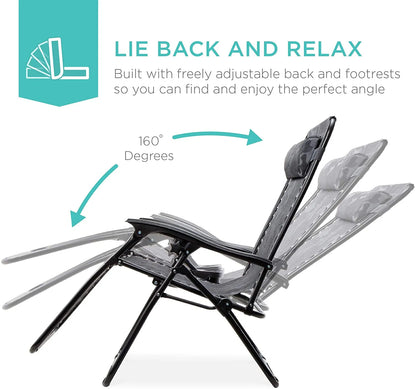 Set of 2 Adjustable Steel Mesh Zero Gravity Lounge Chair Recliners w/Pillows and Cup Holder Trays