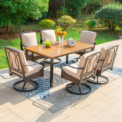 7-Piece Patio Dining Set With 6 Cushioned Steel & Rattan Chairs and Rectangle Table
