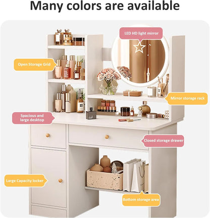 Makeup Vanity - Vanity Table with Three Adjustable Mirror Lightings, Added Storage Shelf, Multiple Chairs, Makeup Table for Bedroom