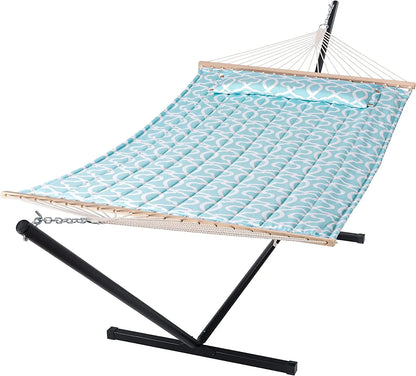 55 Inch Extra Large Double Hammock with Stand, 475lbs Capacity, Outdoor Portable Hammock with Hardwood Spreader Bar, Extra Large Pillow