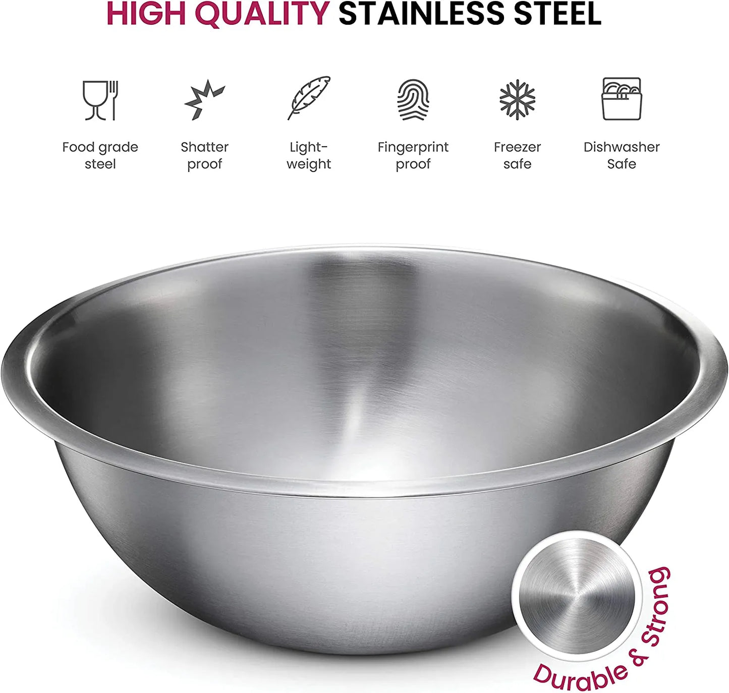 FineDine Stainless Steel Mixing Bowls (Set of 6) - Easy To Clean, Nesting Bowls for Space Saving Storage, Great for Cooking, Baking, Prepping
