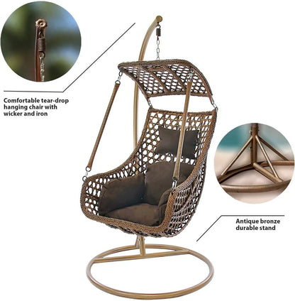 J.M.Deco Porch Swing Chair with Stand, Cushion & Pillow, Goldden Egg Rattan Wicker Swing Hanging Chair, Hammock Chair for Indoor, Outdoor, Garden, Backyard & Patio