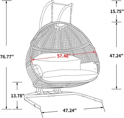 Hanging Egg Chair with Stand, 2 Person Heavy Duty Hanging Wicker Rattan Swing Chair Basket Hammock Nest Chair Seat for Indoor Outdoor Patio Lounger Swinging Loveseat (Beige)
