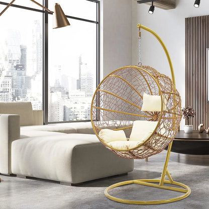 J.M.Deco Porch Swing Chair with Stand, Cushion & Pillow, Goldden Egg Rattan Wicker Swing Hanging Chair, Hammock Chair for Indoor, Outdoor, Garden, Backyard & Patio