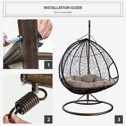 J.M.Deco Porch Swing Chair with Stand, Cushion & Pillow, Goldden Egg Rattan Wicker Swing Hanging Chair, Hammock Chair for Indoor, Outdoor, Garden, Backyard & Patio