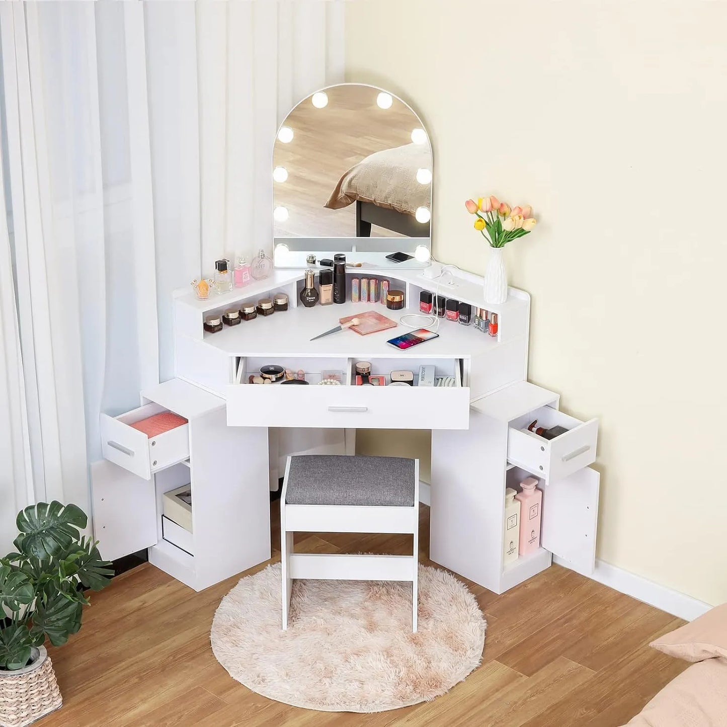 usikey Corner Vanity Desk with Mirror and Lights, Makeup Vanity Table with Charging Station, 3 Drawers & Retractable Side Cabinets, Vanity Desk with Cushioned Stool for Christmas Day, White