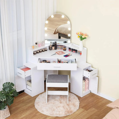 usikey Corner Vanity Desk with Mirror and Lights, Makeup Vanity Table with Charging Station, 3 Drawers & Retractable Side Cabinets, Vanity Desk with Cushioned Stool for Christmas Day, White