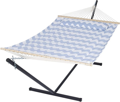 55 Inch Extra Large Double Hammock with Stand, 475lbs Capacity, Outdoor Portable Hammock with Hardwood Spreader Bar, Extra Large Pillow