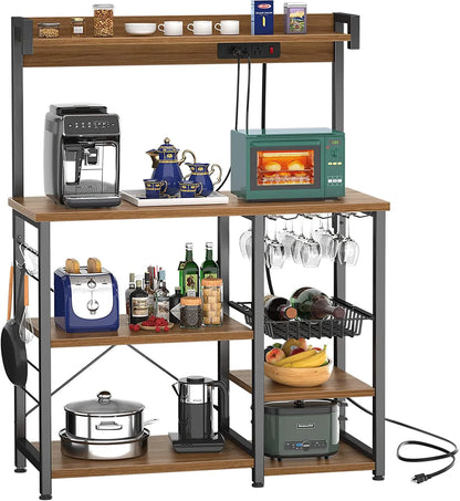 Bakers Rack with Power Outlet, Microwave Stand, Kitchen Storage Shelf with Wire Basket, Coffee Bar Station with Wine Glass Holder, 35.4" Kitchen Rack for Spices, Pots, and Pans