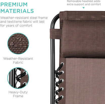 Set of 2 Adjustable Steel Mesh Zero Gravity Lounge Chair Recliners w/Pillows and Cup Holder Trays