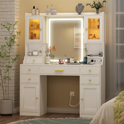 Dnxao Large Make up Vanity Desk with Mirror and Lights,3 Lights Mode and Brightness Adjusted by Touch Button, Built-in Power Strip and 6 Drawers,4 cabinets,2 cabinets with RGB Lights