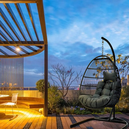 JOYBASE Hanging Egg Chair with Stand, Outdoor Wicker Rattan Egg Swing Chair with Stand and Cushion for Indoor Outdoor Bedroom Patio Garden (Grey/Black)