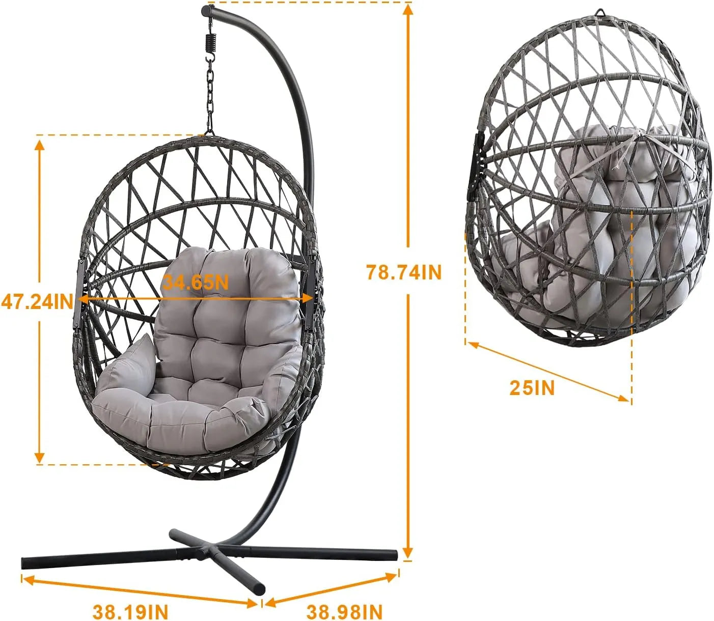 PRIVATE GARDEN Large Hanging Egg Chair with Stand Upgraded Wicker Egg Swing Chair Outdoor Indoor PE Rattan Hanging Chair with Grey Comfort Cushion Heavy Duty C-Stand