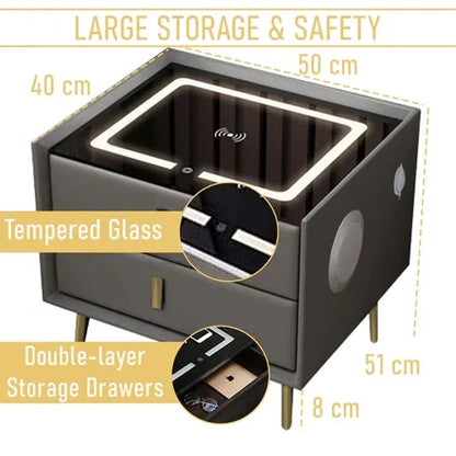 Smart Bedside Table Bedroom Bedside Cabinet with drawers Nightstand with Charging Station,Side End Table,Modern LED White Nightstand,2 Drawers,Metal Handles,USB