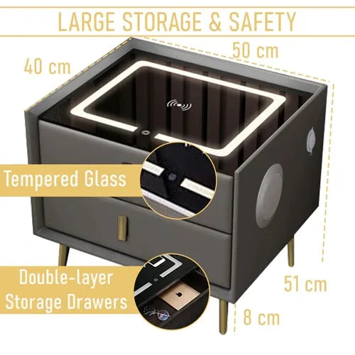 Smart Bedside Table Bedroom Bedside Cabinet with drawers Nightstand with Charging Station,Side End Table,Modern LED White Nightstand,2 Drawers,Metal Handles,USB