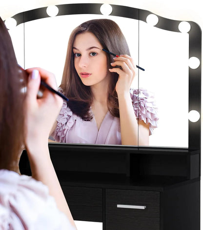 usikey Large Vanity Set with Large Lighted Mirror, Modern Makeup Vanity Table with 3 Drawers, 2 Storage Cabinets & 10 LED Bulbs, Dressing Table with Cushioned Stool for Women, Bedroom, Black