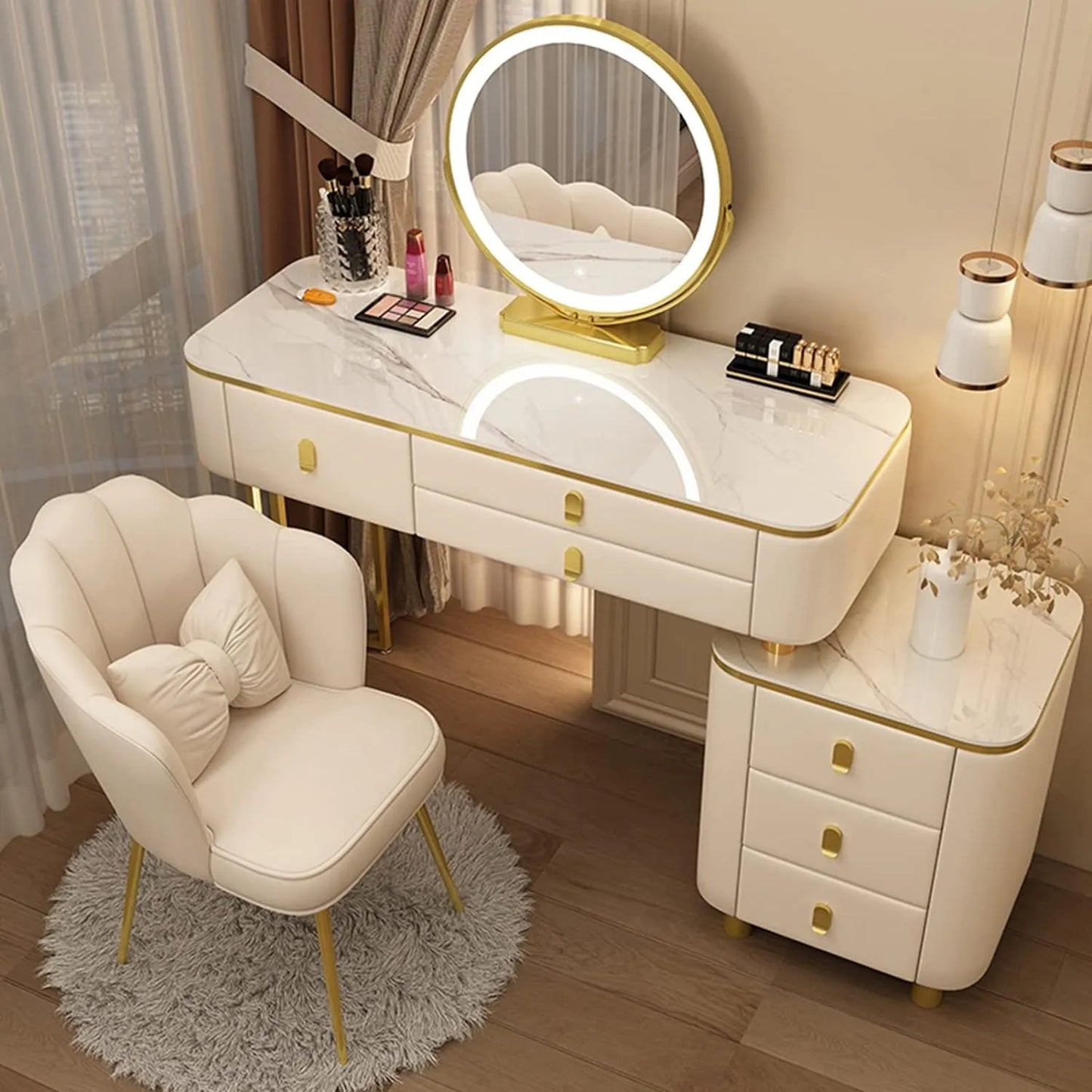 BUJOG Dressing Table with Lighted Mirror, Dressing Table with Padded Stool and 6 Drawers, Dressing Table Set with 3 Colour Lighting Modes, Storage Shelves for Girls and Women Bedrooms