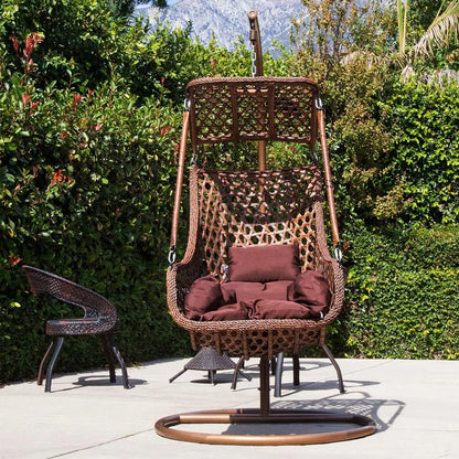 J.M.Deco Porch Swing Chair with Stand, Cushion & Pillow, Goldden Egg Rattan Wicker Swing Hanging Chair, Hammock Chair for Indoor, Outdoor, Garden, Backyard & Patio