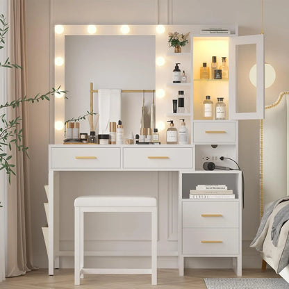Makeup Vanity Desk with Mirror and Lights, White Vanity Table Set with Charging Station, LED Cabinet, 5 Drawers & Side Storage Bag, 3 Lighting Modes, Bedroom with Chair