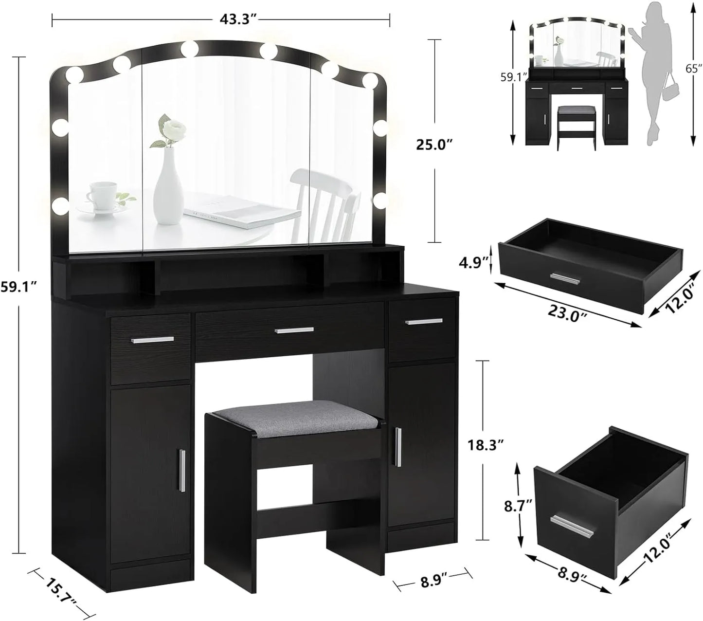 usikey Large Vanity Set with Large Lighted Mirror, Modern Makeup Vanity Table with 3 Drawers, 2 Storage Cabinets & 10 LED Bulbs, Dressing Table with Cushioned Stool for Women, Bedroom, Black