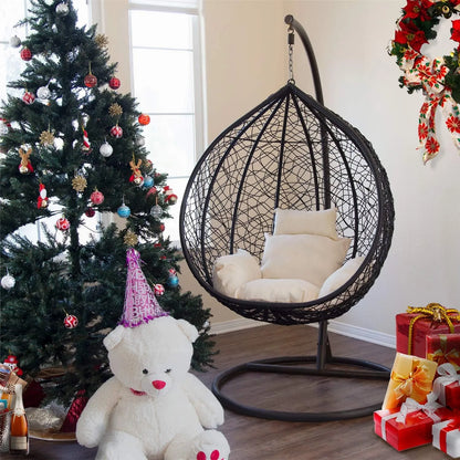 J.M.Deco Porch Swing Chair with Stand, Cushion & Pillow, Goldden Egg Rattan Wicker Swing Hanging Chair, Hammock Chair for Indoor, Outdoor, Garden, Backyard & Patio