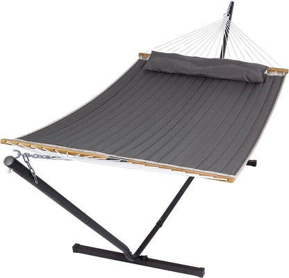 55 Inch Extra Large Double Hammock with Stand, 475lbs Capacity, Outdoor Portable Hammock with Hardwood Spreader Bar, Extra Large Pillow